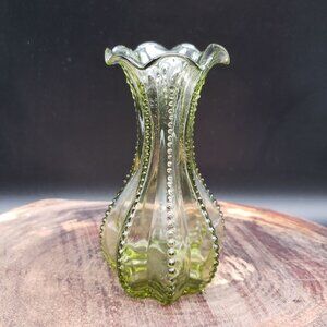 Vintage Indiana Glass Green Bud Vase Hobnail Beaded Panel 5" Scalloped Rim
